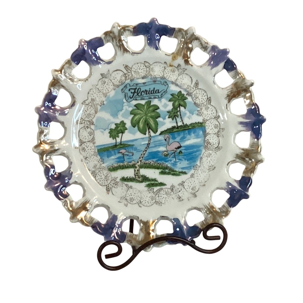 Souvenir Florida Collectible Plate 8" / Florida Flamingo Palm Tree/ Lattice Edge